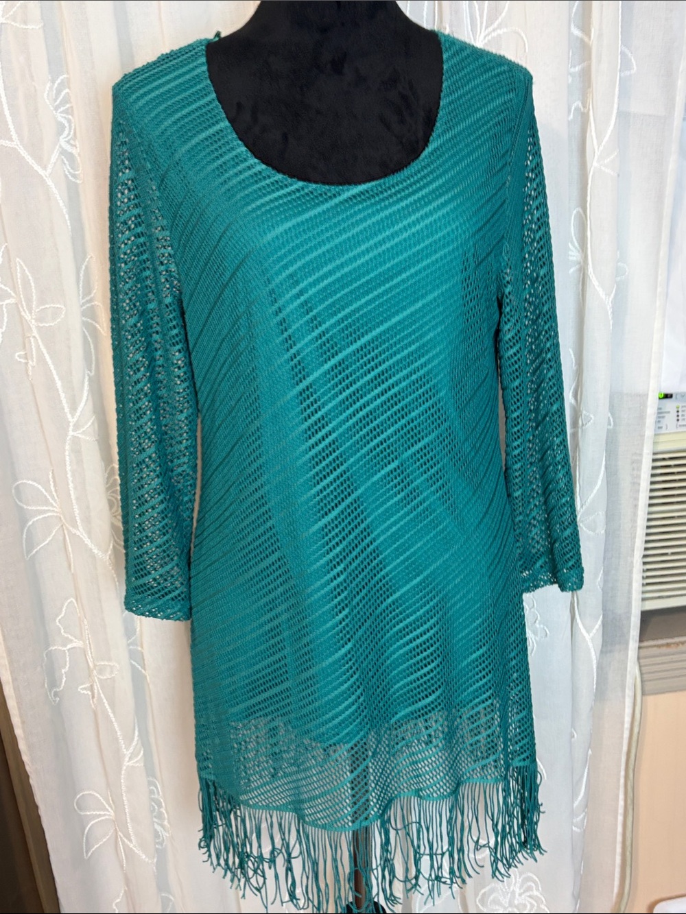 Multiples Teal Fringe Crochet Long Sleeve Tunic